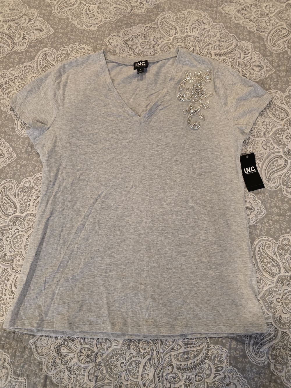 INC International Concepts Light Gray V-Neck Tee with Rhinestone Accent